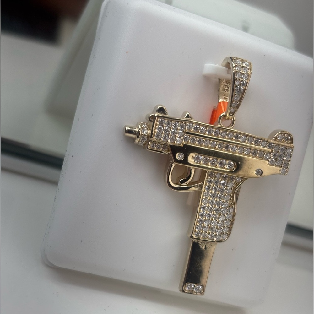 Gold and Silver Uzi Gun Pendant 100% Authentic Moissanite • 925 Sterling Silver